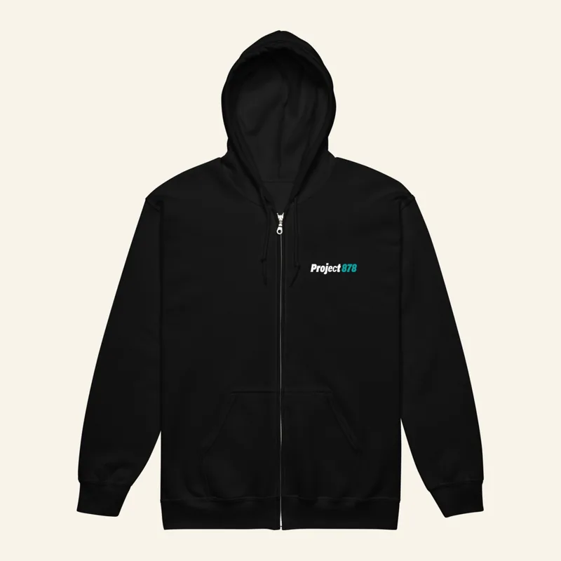 Black zip hoodie, front, with a small Project 878 logo on the chest