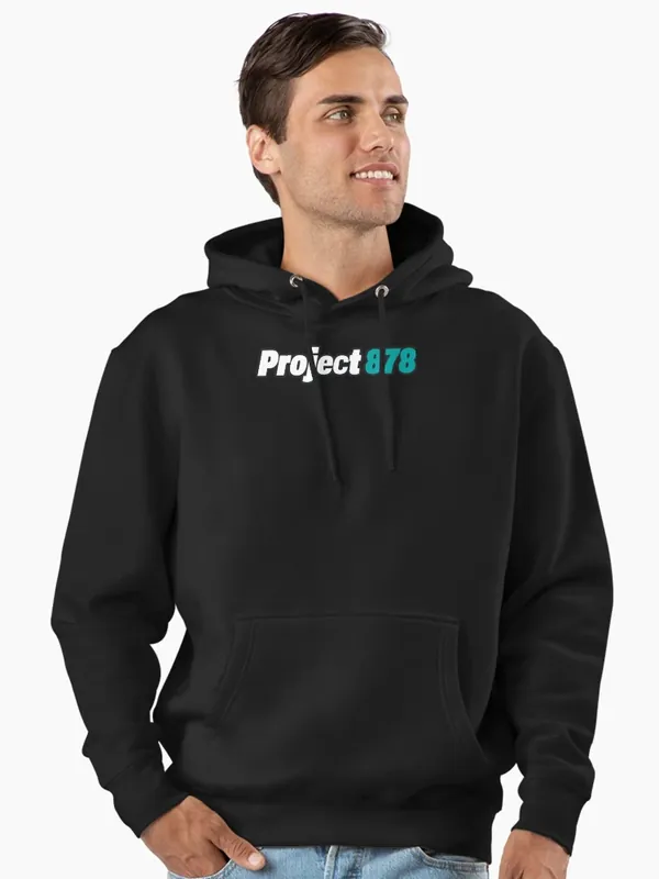 Man wearing the black pullover hoodie with the Project 878 logo