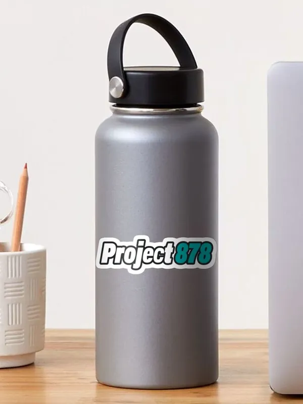 Project 878 logo sticker on a gray water bottle