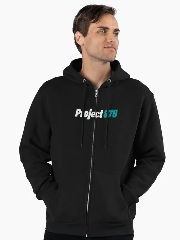 Man wearing the black zipped hoodie with the Project 878 logo