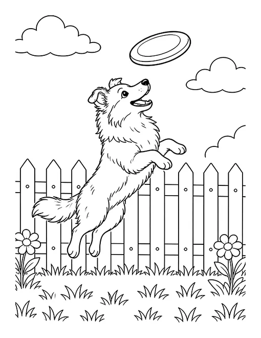 Sneak peek coloring page: a Sheltie leaping to catch a flying disc