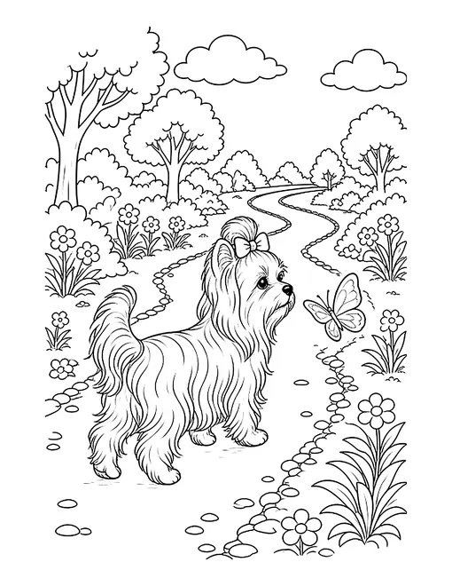 Sneak peek coloring page: a Yorkie on a garden path watching a butterfly
